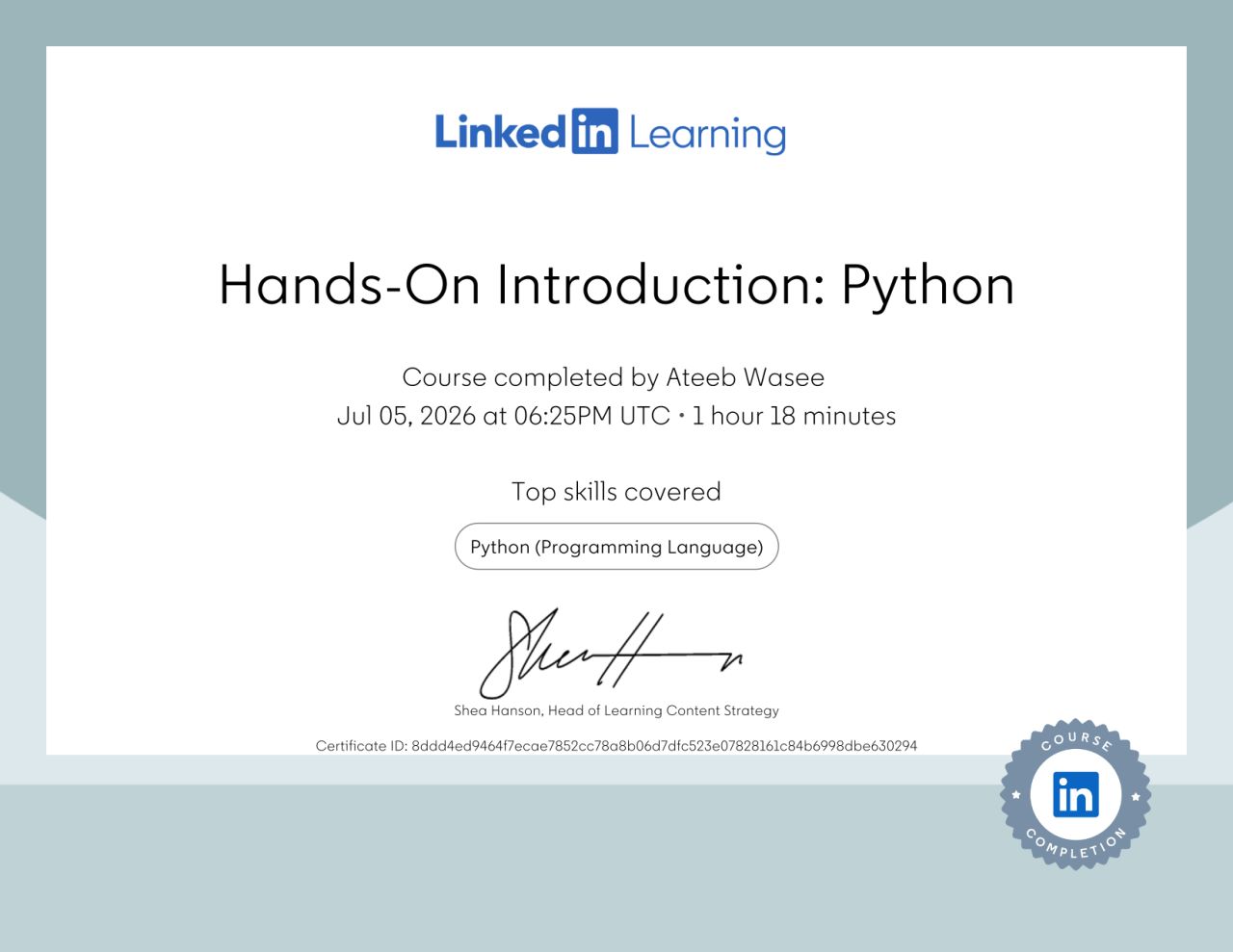 Hands-On Introduction Python Certificate